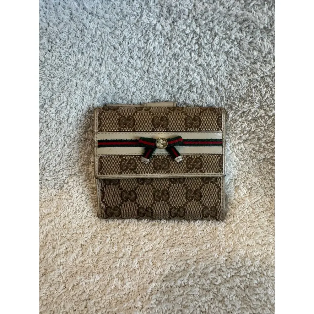 Gucci GG Supreme Web Stripe Bow Bifold Wallet Canvas Leather Clutch Purse - Picture 2 of 12